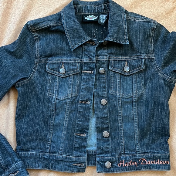Vintage Harley Davidson Denim Jean Jacket Bling Eagle Bomber Crop Size Medium - Picture 3 of 6